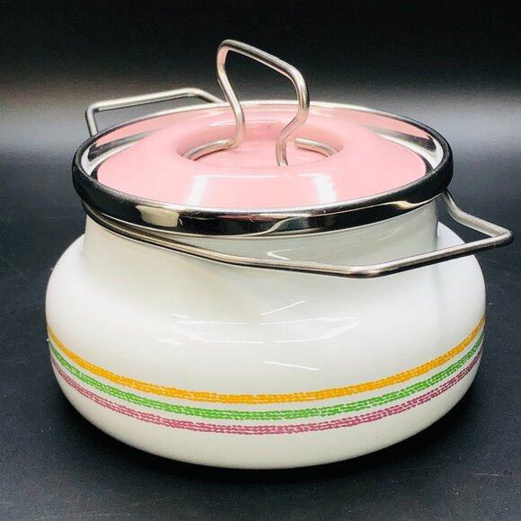 80s Siltal ITALY Pastelcore Enamelware Fondue Pot with Lid -Design Carla Agnelli - Picture 2 of 10